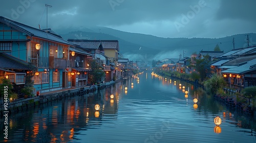 A picturesque scene of Otaru canals at dusk, lanterns glowing softly, traditional buildings illuminated by warm light, reflections dancing on the water, tranquil and serene atmosphere, rich colors, photo