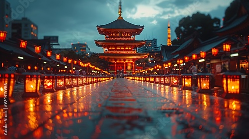 A picturesque scene of Senso-ji Temple in Asakusa, Tokyo, during a lantern-lit festival, glowing lanterns reflecting off the temple, vibrant night colors, crowds enjoying the celebration, high detail,