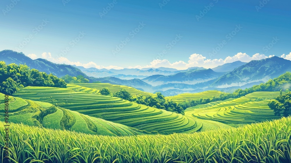 A breathtaking view of lush green rice terraces under a clear blue sky, surrounded by majestic mountains in a serene landscape. A breathtaking view of lush green rice terraces under a clear blue sky, surrounded by majestic mountains in a serene landscape.