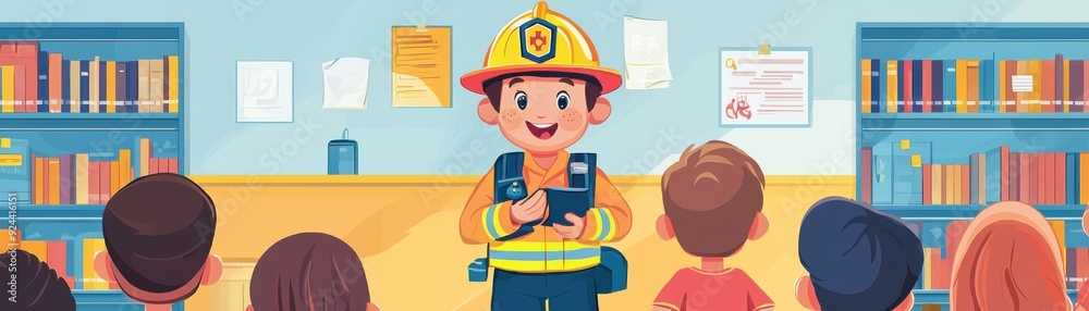 A cheerful firefighter teaches children about fire safety in a colorful classroom filled with books. A cheerful firefighter teaches children about fire safety in a colorful classroom filled with books.