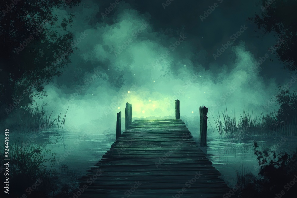 Fototapeta premium A Mystical Wooden Dock Extending into Foggy Waters