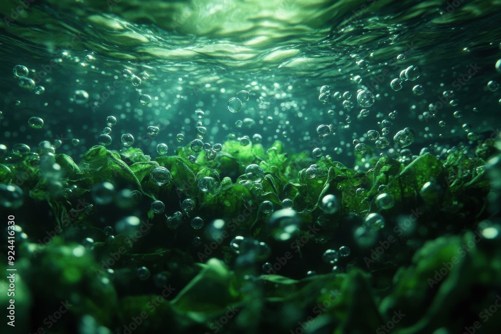 Fototapeta premium Plankton float in a dense, algae-filled sea, with their role in the carbon cycle visualized through rich, layered textures.