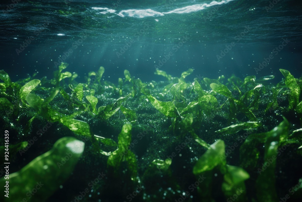 Plankton float in a dense, algae-filled sea, with their role in the carbon cycle visualized through rich, layered textures. Plankton float in a dense, algae-filled sea, with their role in the carbon cycle visualized through rich, layered textures.