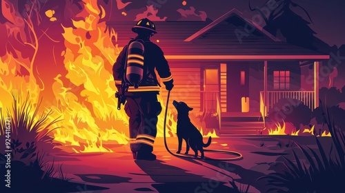 A firefighter stands with a dog in front of a burning house, showcasing bravery and the bond between humans and animals. photo