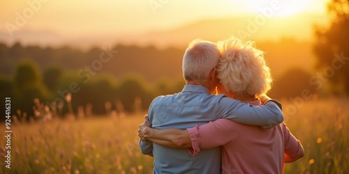 Old aged couple hugging outside in spring nature at sunset, elderly couple, embracing tenderly as the golden hues of sunset paint the spring landscape with a romantic glow. photo