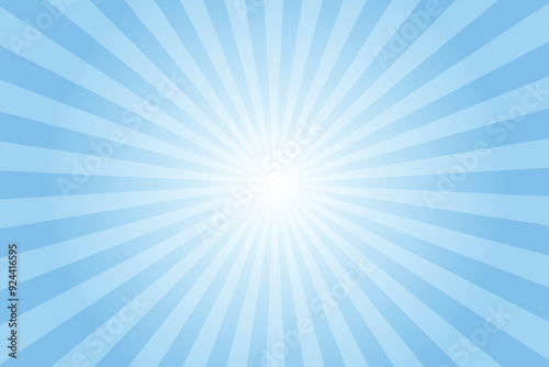 Blue sun ray vector background. Radial beam sunrise or sunset light retro design illustration. Maya blue sunburst glowing background.