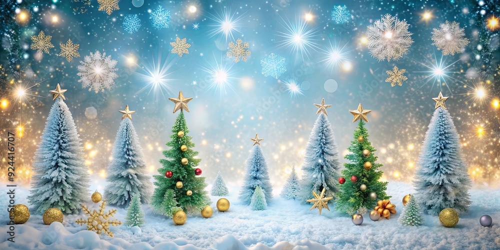 Winter wonderland scene with sparkling snowflakes, Christmas trees, and festive decorations Winter wonderland scene with sparkling snowflakes, Christmas trees, and festive decorations
