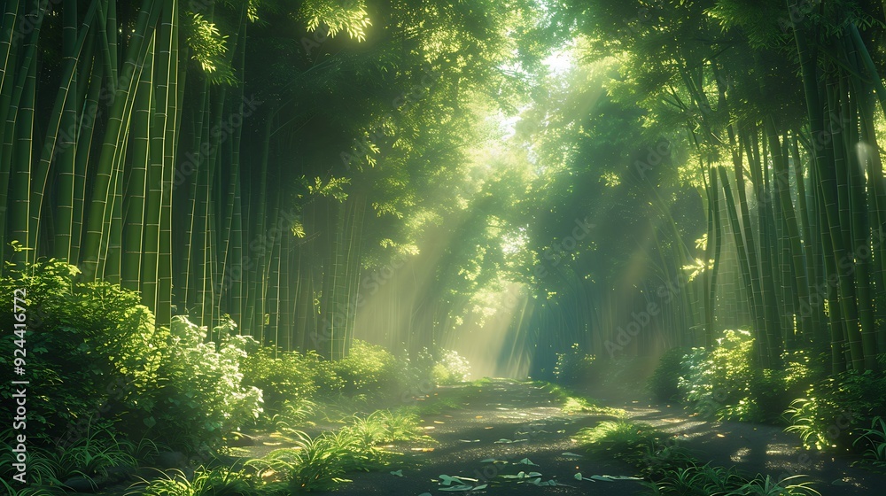 Obraz premium A serene view of Arashiyama Bamboo Grove, sunlight streaming through the bamboo canopy, casting dappled shadows on the ground, tranquil and peaceful atmosphere, rich green hues, high detail,