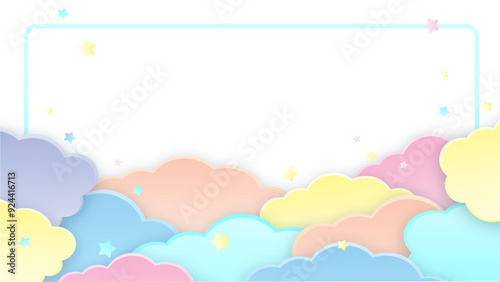 Colorful abstract sky background with colorful clouds and floral pattern, framed in a decorative border.