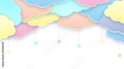 Colorful abstract sky background with colorful clouds and floral pattern, framed in a decorative border.