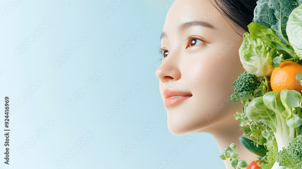 Portrait of a beautiful Asian woman surrounded by colorful vegetables, symbolize a healthy lifestyle. Isolated on a clean background, wellness, natural beauty, and the vibrancy of plant-based living. Portrait of a beautiful Asian woman surrounded by colorful vegetables, symbolize a healthy lifestyle. Isolated on a clean background, wellness, natural beauty, and the vibrancy of plant-based living.