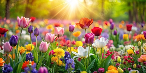 Vibrant spring flower field with colorful blooms and lush greenery