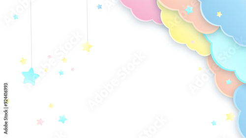 Colorful abstract sky background with colorful clouds and floral pattern, framed in a decorative border.