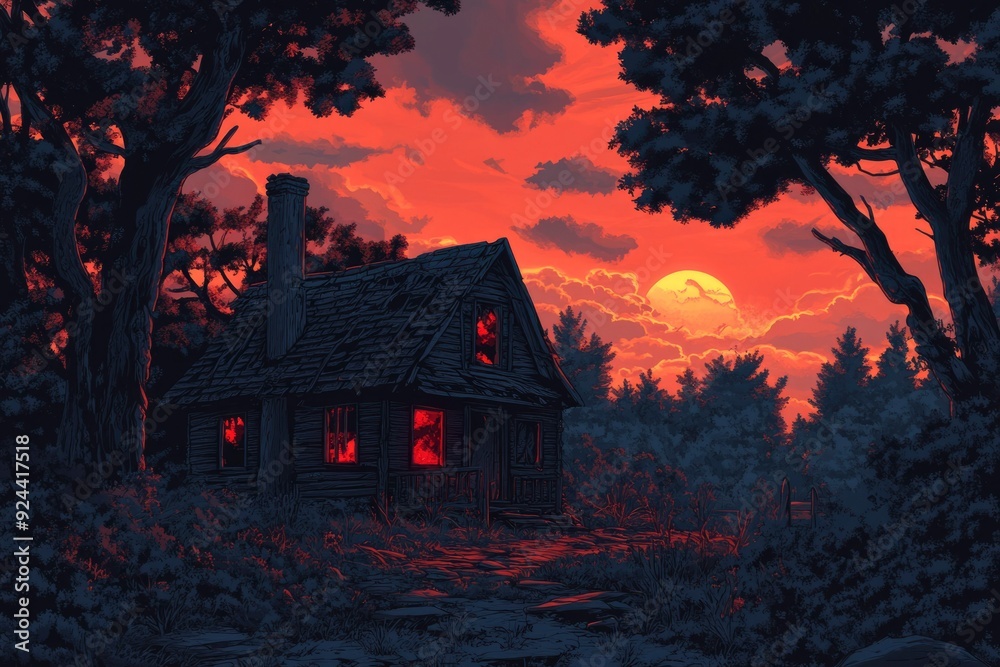 A Cabin in the Woods at Sunset A Cabin in the Woods at Sunset