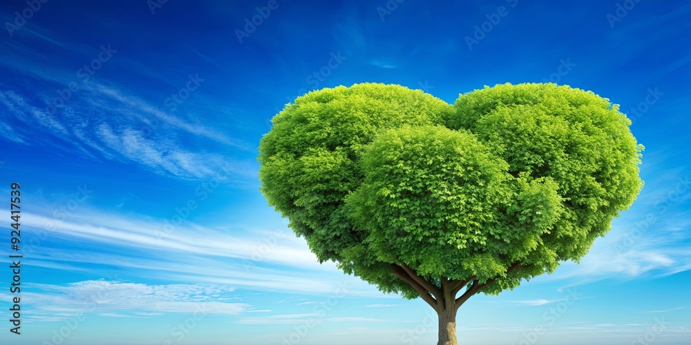 Heart-shaped tree with vibrant green leaves against a blue sky background Heart-shaped tree with vibrant green leaves against a blue sky background