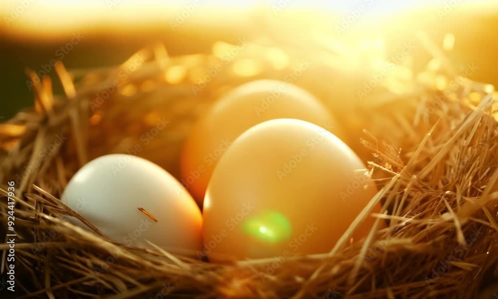 chicken eggs lying in straw nests bathed in the warm golden afternoon sunlight chicken eggs lying in straw nests bathed in the warm golden afternoon sunlight