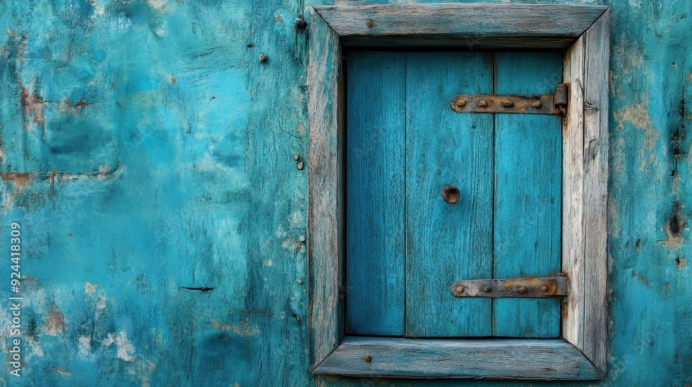 Weathered Blue Wooden Door and Frame on Wall Weathered Blue Wooden Door and Frame on Wall