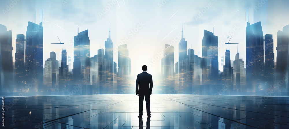 Businessman standing in a futuristic cityscape with a holographic skyline, symbolizing the power of technology and innovation for business success. Businessman standing in a futuristic cityscape with a holographic skyline, symbolizing the power of technology and innovation for business success.