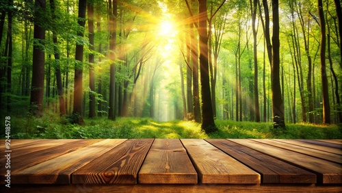 A warm wooden surface surrounded by sunlight streaming through lush green trees in a peaceful forest setting