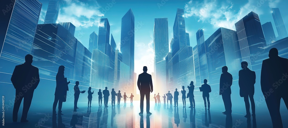 A confident leader stands in the center of an urban landscape, with silhouettes of people around them symbolizing their support and diversity A confident leader stands in the center of an urban landscape, with silhouettes of people around them symbolizing their support and diversity