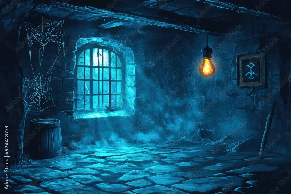 A dimly lit stone dungeon with a barred window, cobwebs, and a hanging lightbulb A dimly lit stone dungeon with a barred window, cobwebs, and a hanging lightbulb