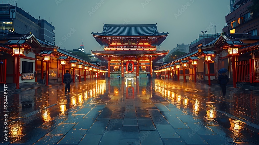 Obraz premium A stunning view of Senso-ji Temple at night, lanterns casting a warm glow, bustling festival atmosphere, traditional architecture illuminated by soft light, detailed textures, rich cultural ambiance,