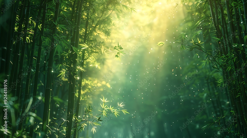 Obraz premium A tranquil image of Arashiyama Bamboo Grove, sunlight filtering through the tall bamboo stalks, creating a peaceful and serene atmosphere, soft green hues, detailed textures, hd quality, natural look.