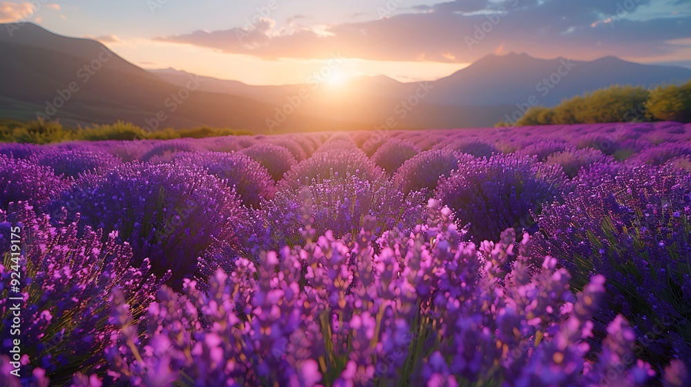 Fototapeta premium A tranquil scene of Furano’s lavender fields in full bloom, rows of vibrant purple flowers under a clear sky, soft morning light creating a peaceful ambiance, rich details, hd quality, natural look.