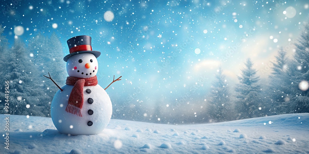 Fototapeta premium Snowman standing in a wintry landscape with falling snowflakes