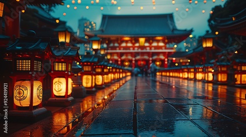 A vibrant night scene of Senso-ji Temple in Asakusa, Tokyo, during a lantern-lit festival, glowing lanterns illuminating the temple grounds, crowds of people enjoying the festivities, rich colors,