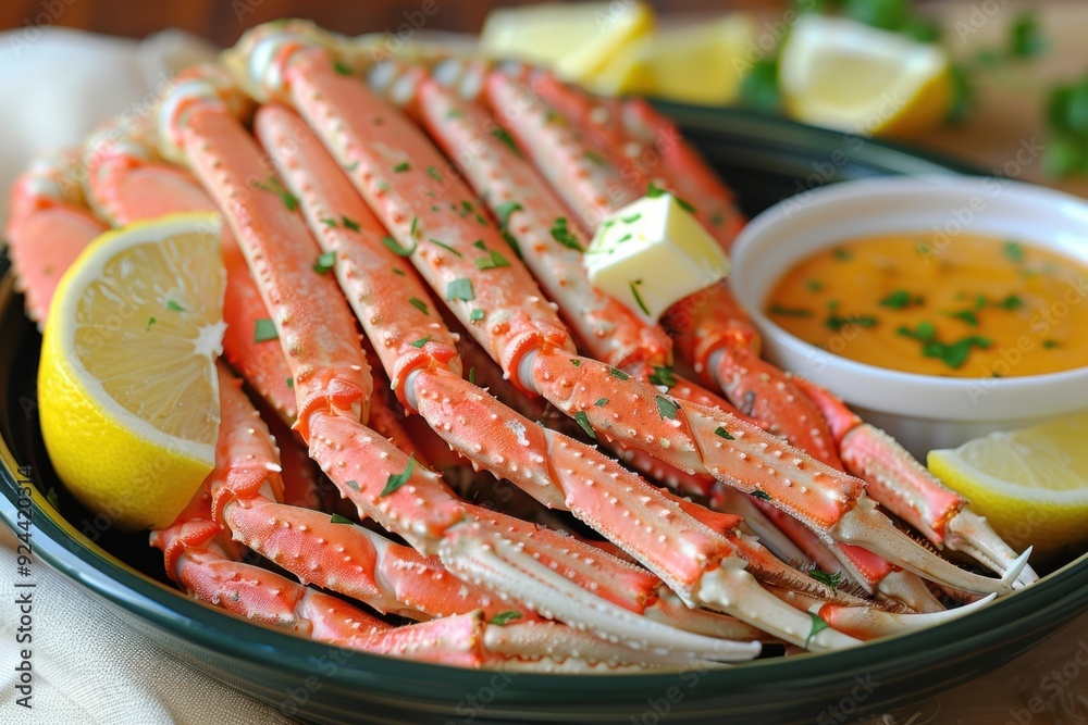 A plate of cooked crab legs with lemon wedges, butter, and dipping sauce. A plate of cooked crab legs with lemon wedges, butter, and dipping sauce.