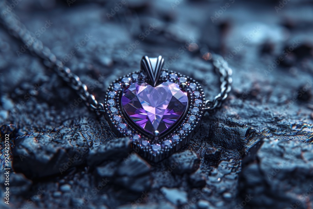 A close-up of a silver heart pendant with a purple gemstone, resting on a dark textured surface.