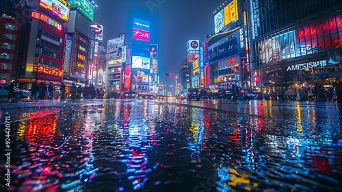 A vivid view of Shibuya Crossing at night, neon lights reflecting off wet pavement, crowds of people creating a lively atmosphere, colorful billboards and signs lighting up the scene, high detail,