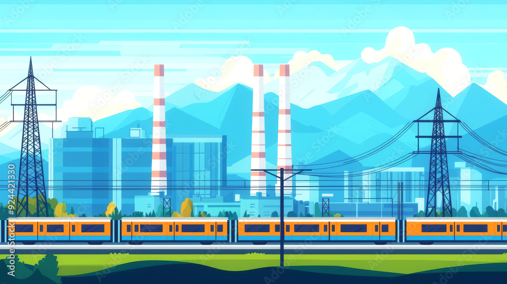 Obraz premium A vibrant illustration featuring a train traveling through a scenic landscape, framed by mountains and industrial structures.