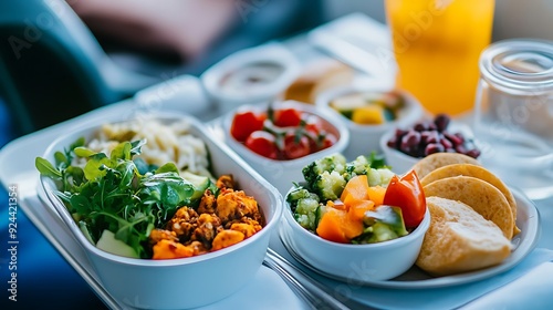 A tray of food with a salad, tomatoes, and bread, served on a white tray.