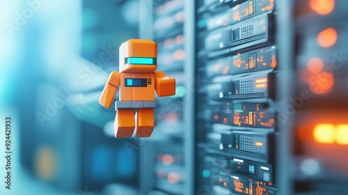 Digital guardian figure hovering over a server room, symbolizing network protection photo