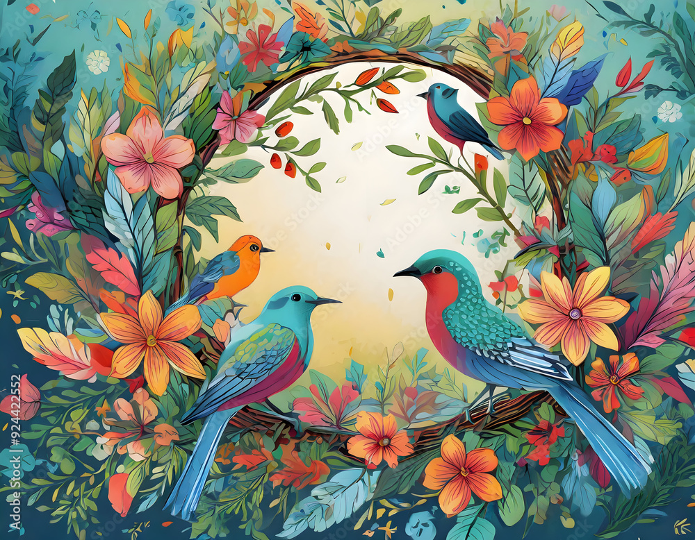 Fototapeta premium a vibrant, circular floral frame surrounded by colorful birds and detailed foliage, capturing the lively essence of a thriving garden. This frame should be suitable for use in nature-themed designs.