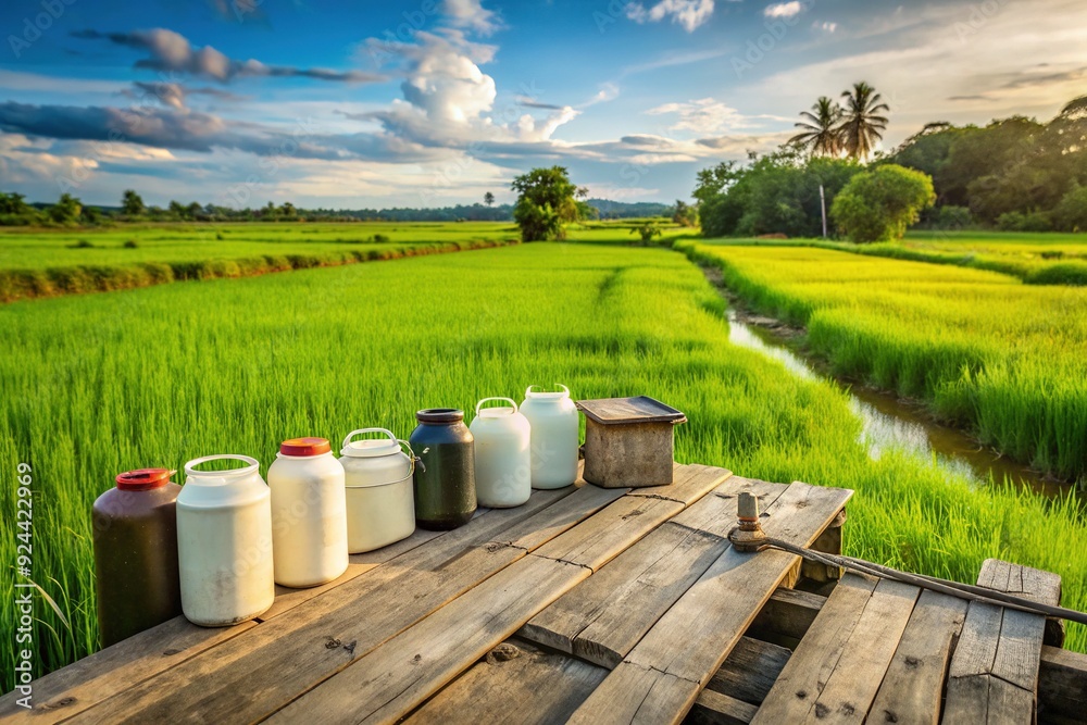 Obraz premium Discarded insecticide containers litter a weathered wooden plank amidst lush green tropical rice fields, highlighting the environmental impact of farming practices in a rural setting.