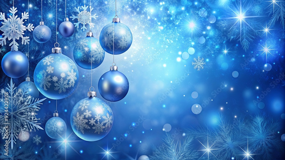 A festive blue Christmas background with delicate snowflakes and shiny Christmas balls A festive blue Christmas background with delicate snowflakes and shiny Christmas balls
