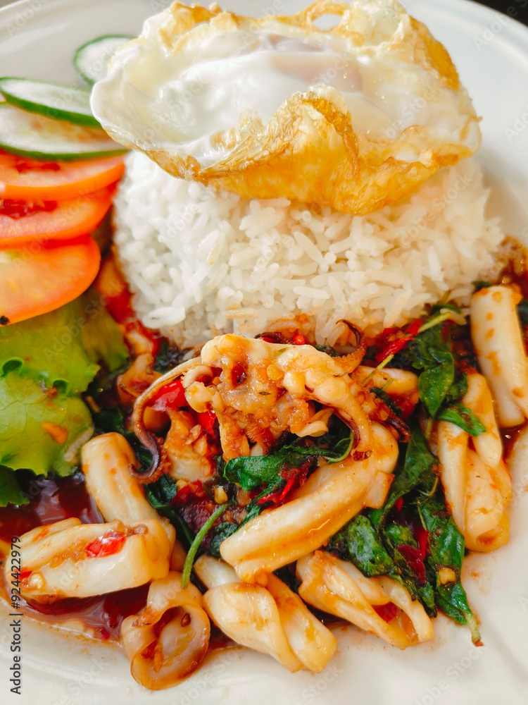 Stir-fried seafood with holy basil and fried egg Stir-fried seafood with holy basil and fried egg