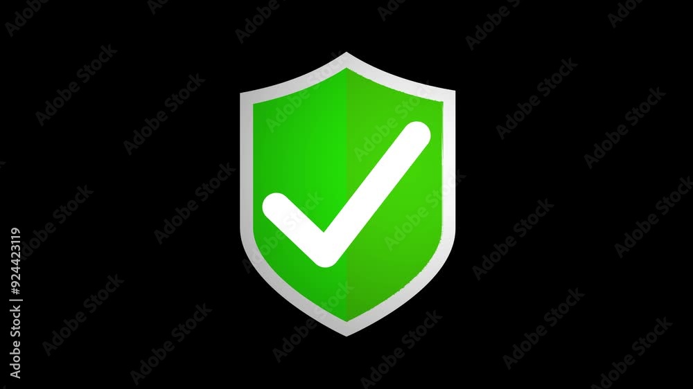 3d security shield with check mark animation icon on a black background.