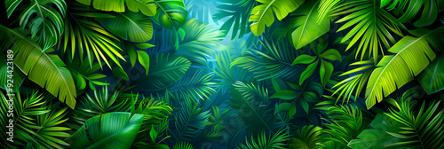 A lush green jungle with a lot of leaves and a bright green background. The jungle is full of life and is a beautiful and peaceful place