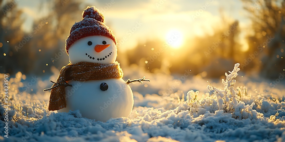 Obraz premium A snowman with a red hat and orange scarf stands in a snowy field at sunset can be used for winter-themed promotions, holiday greeting cards, or seasonal advertising,