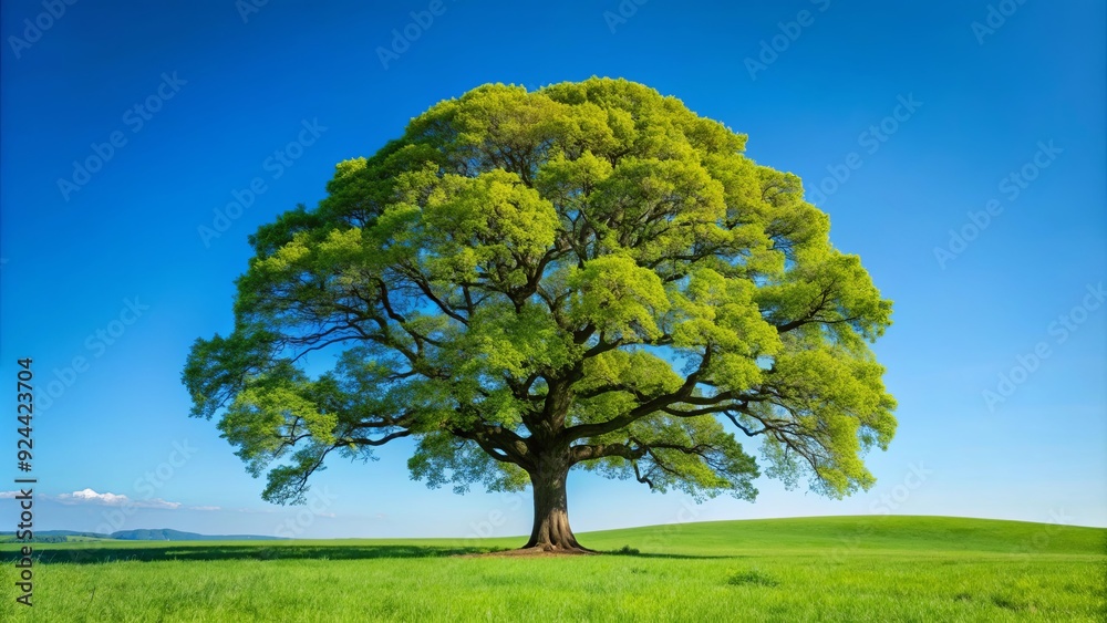 Majestic oak tree standing tall under a clear blue sky Majestic oak tree standing tall under a clear blue sky