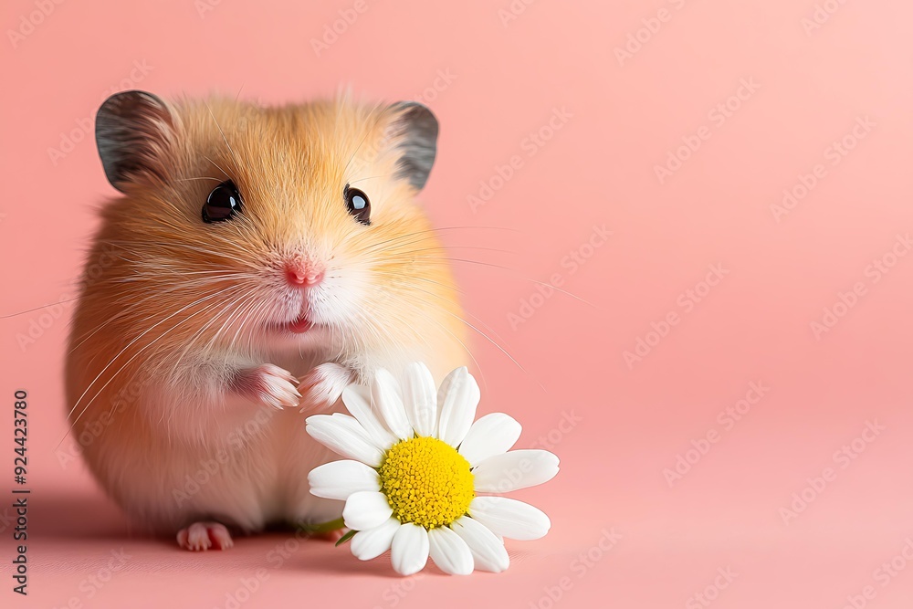 A cute hamster holds a daisy flower on a pink background, ideal for pet-themed content, greeting cards, or advertisements featuring animals and cuteness, A cute hamster holds a daisy flower on a pink background, ideal for pet-themed content, greeting cards, or advertisements featuring animals and cuteness,