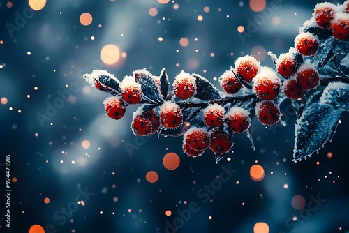 A frosty branch with vibrant red berries covered in snow highlights a cozy winter atmosphere, suitable for holiday cards, seasonal marketing, or festive decorations, photo