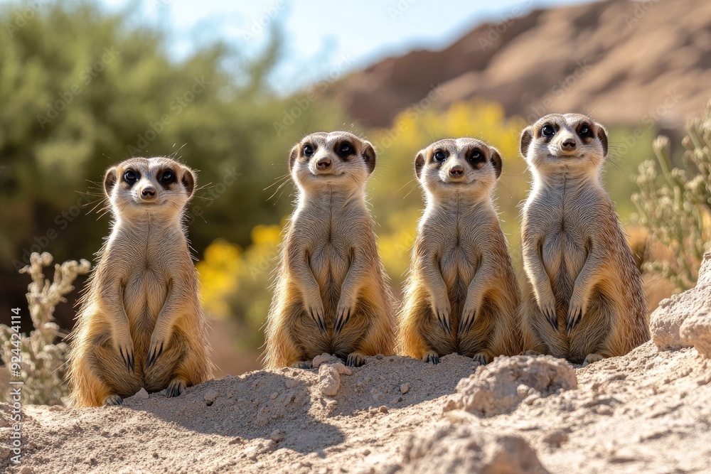 Group of meerkats standing upright in a sandy habitat Group of meerkats standing upright in a sandy habitat
