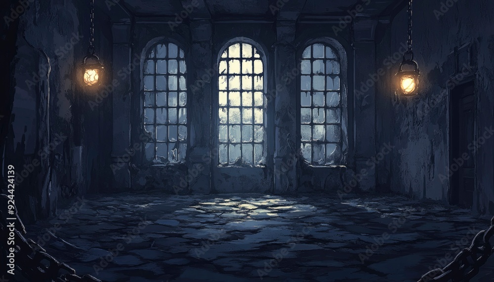 Fototapeta premium An Abandoned Room with Three Windows and Two Hanging Lanterns
