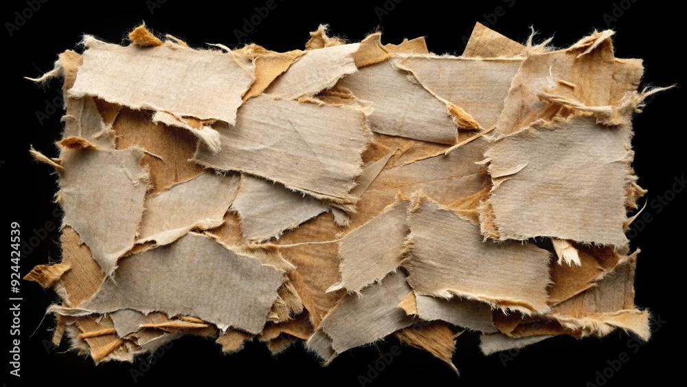 Distressed, irregularly torn paper edges with rough, frayed fragments and fibers isolated on a dark, ominous black background, conveying a sense of chaos and destruction. Distressed, irregularly torn paper edges with rough, frayed fragments and fibers isolated on a dark, ominous black background, conveying a sense of chaos and destruction.