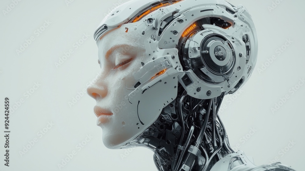 A high-resolution image of a human merging with robotic technology. The subject's body features sleek metallic components and advanced tech seamlessly integrated into their form, symbolizing the A high-resolution image of a human merging with robotic technology. The subject's body features sleek metallic components and advanced tech seamlessly integrated into their form, symbolizing the